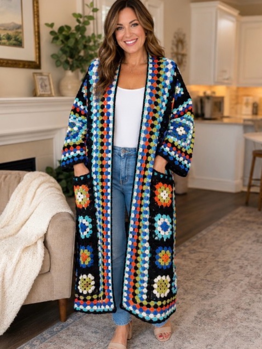 POL Boho Crochet Long Cardigan Sweater Coat - Multicolor NWOT